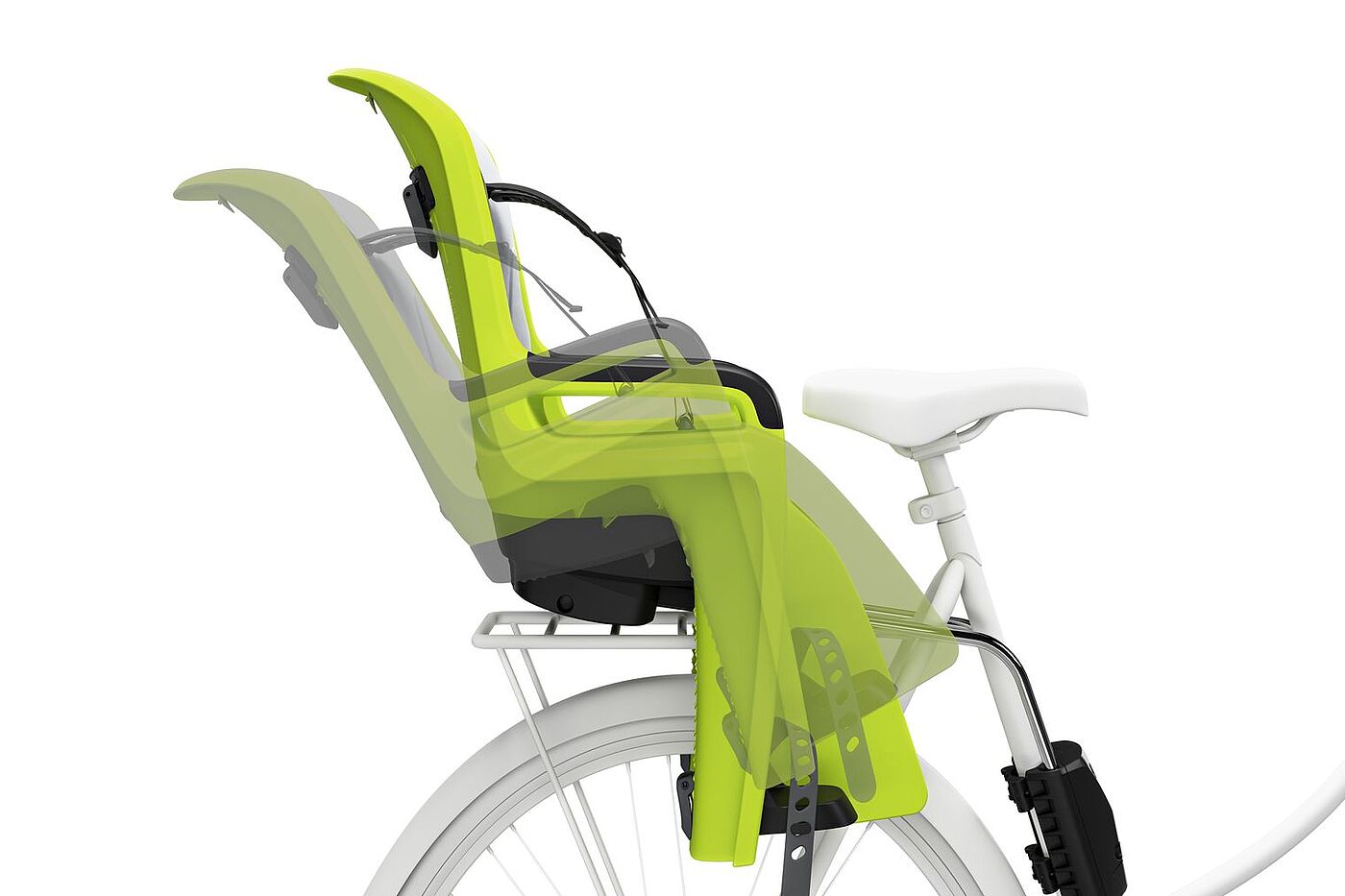 Neigetechnik am Kindersitz Thule RideAlong Illustration eines Kindersitzes hinten, der sich neigen kann, wenn das Kind im Kindersitz einschläft